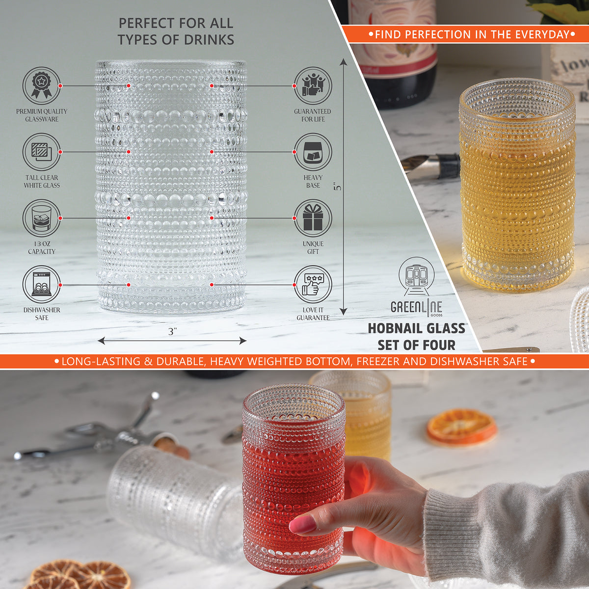 Hobnail Drinking Glasses Clear 13 oz ( Set of 4 ) Greenline Goods