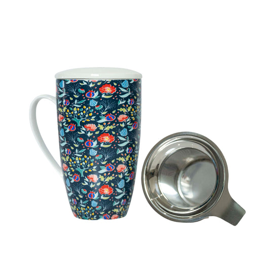 Boho Décor Mugs Navy Floral (16 oz) – Modern Floral Coffee Mug/Tea Cup – Set Includes: 1 Boho Mug, 1 Lid, 1 Infuser