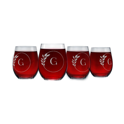 Letter G Monogram Art Deco Etched Wine Glasses - Set of 4