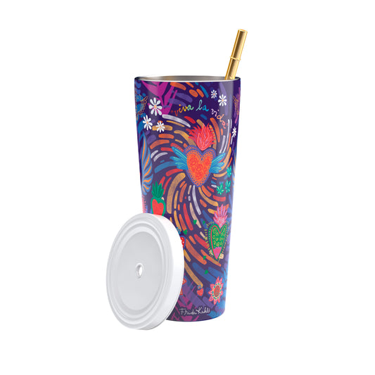 Frida Kahlo Viva La Vida Stainless Steel Tumbler with Gold Straw 750ml