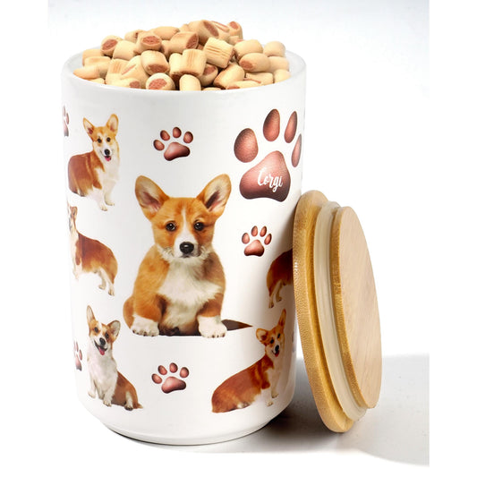 Corgi Premium Airtight Ceramic Dog Treat Canister Jar Set with Lid
