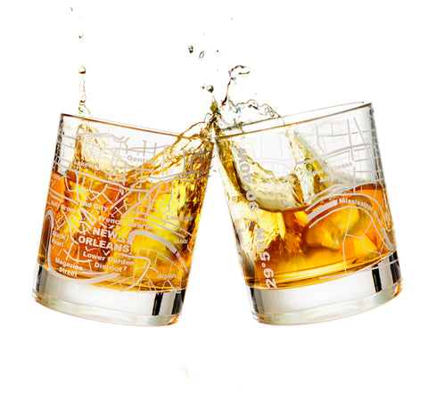 New Orleans Etched Street Grid Whiskey Glasses