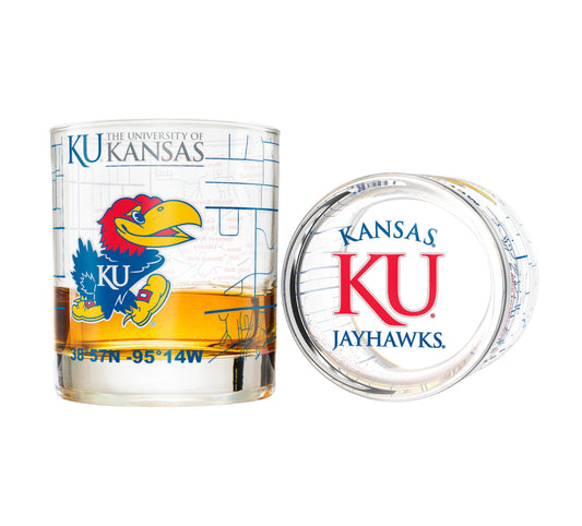 University Of Kansas Whiskey Glass Set (2 Low Ball Glasses)
