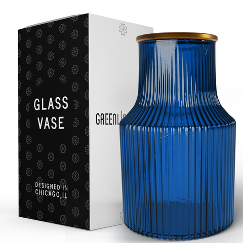 Ripple Vase Wide Bottom Ribbed Hand-Blown Flower Vase Glass for Flowers - Blue