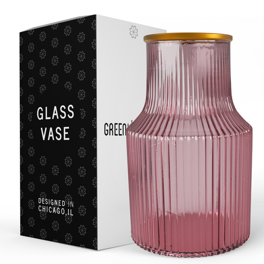 Ripple Vase Wide Bottom Ribbed Hand-Blown Flower Vase Glass for Flowers - Pink