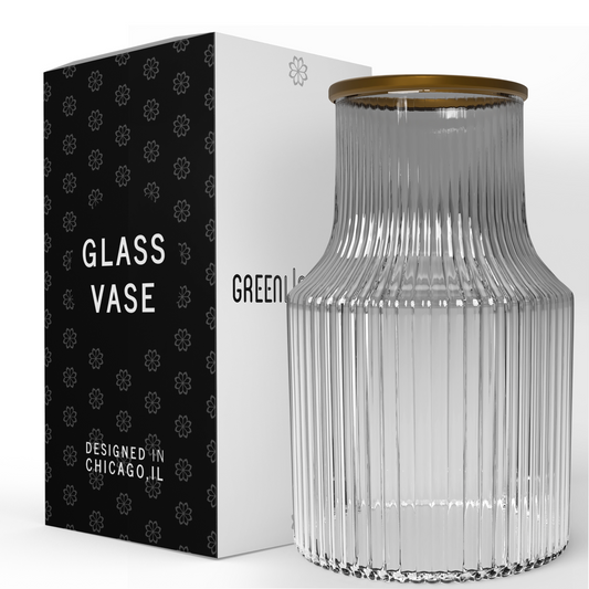 Ripple Vase Wide Bottom Ribbed Hand-Blown Flower Vase Glass for Flowers - Clear