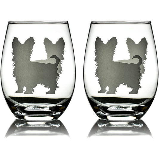 Yorkshire Terrier Etched Stemless Wine Glasses