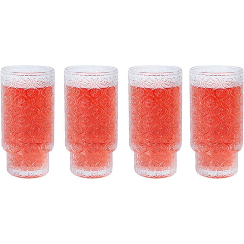Modern Flower Embossed Glasses Kitchen Cup - Set of 4 - 12oz