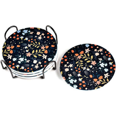 Dark Floral Ceramic Coasters with Metal Stand (Set of 4)