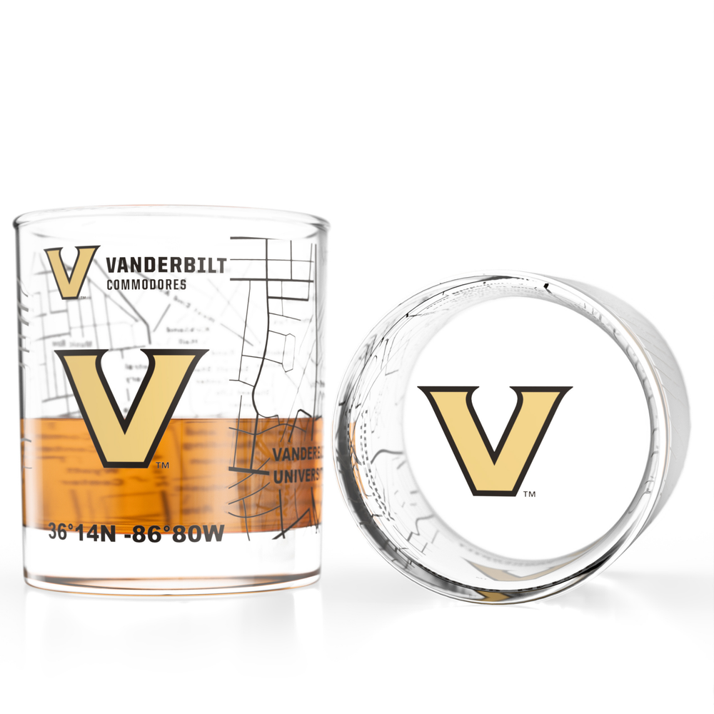 University of Vanderbilt Commodores College Whiskey Glasses (Set of 2), 10 oz – Full-Color Logo + Campus Map