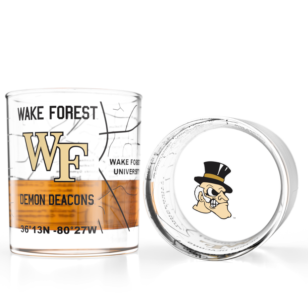 University of Wake Forest Demon Deacons College Whiskey Glasses (Set of 2), 10 oz – Full-Color Logo + Campus Map