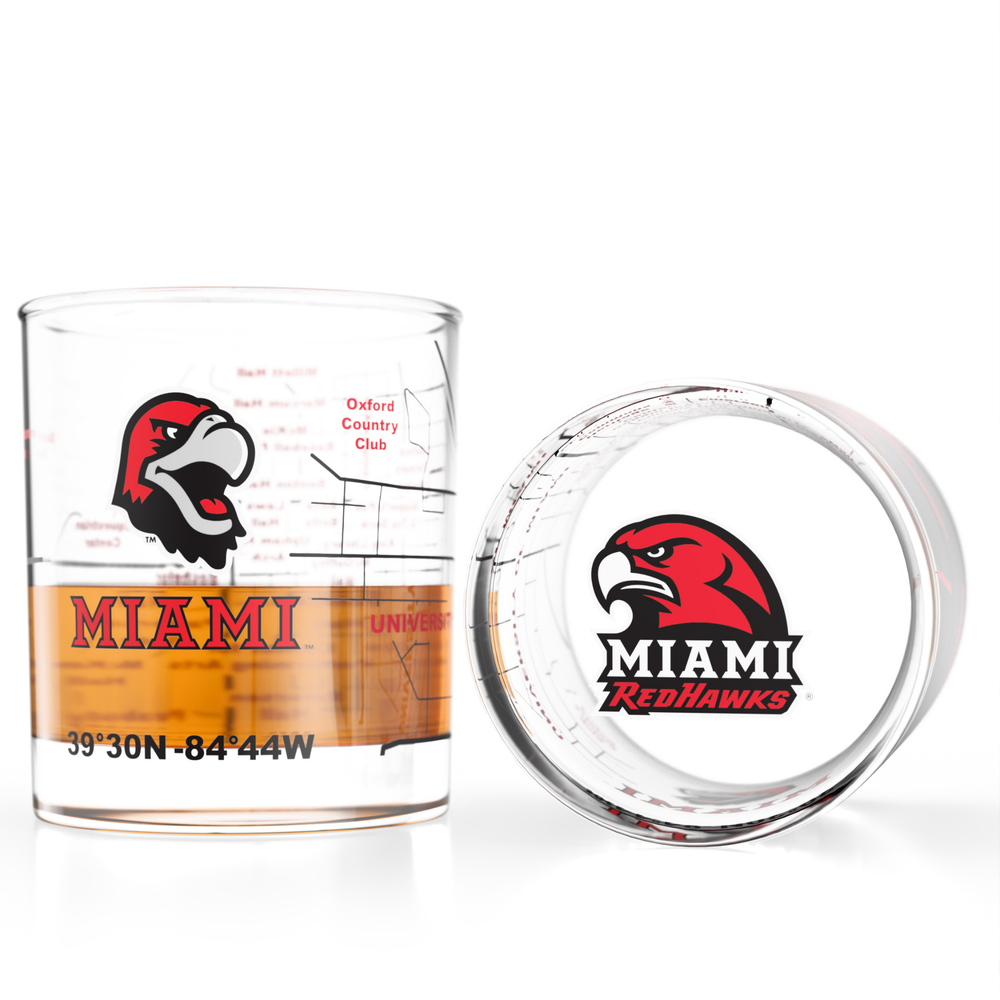 Greenline Goods Miami University RedHawks Whiskey Glasses Set of 2, 10 oz Rocks Glasses with Full-Color Logo & Campus Map – Officially Licensed Bourbon Glass Gift for Alumni & Fans