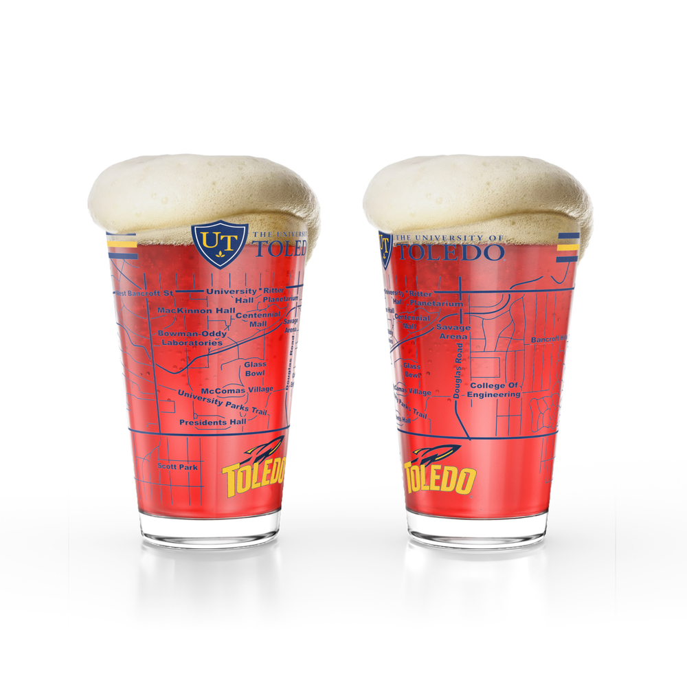 Greenline Goods University of Toledo Rockets Pint Beer Glasses Set of 2, 16 oz Pint Glasses with Full-Color Logo & Campus Map – Officially Licensed Beer Glass Gift for Alumni & Fans