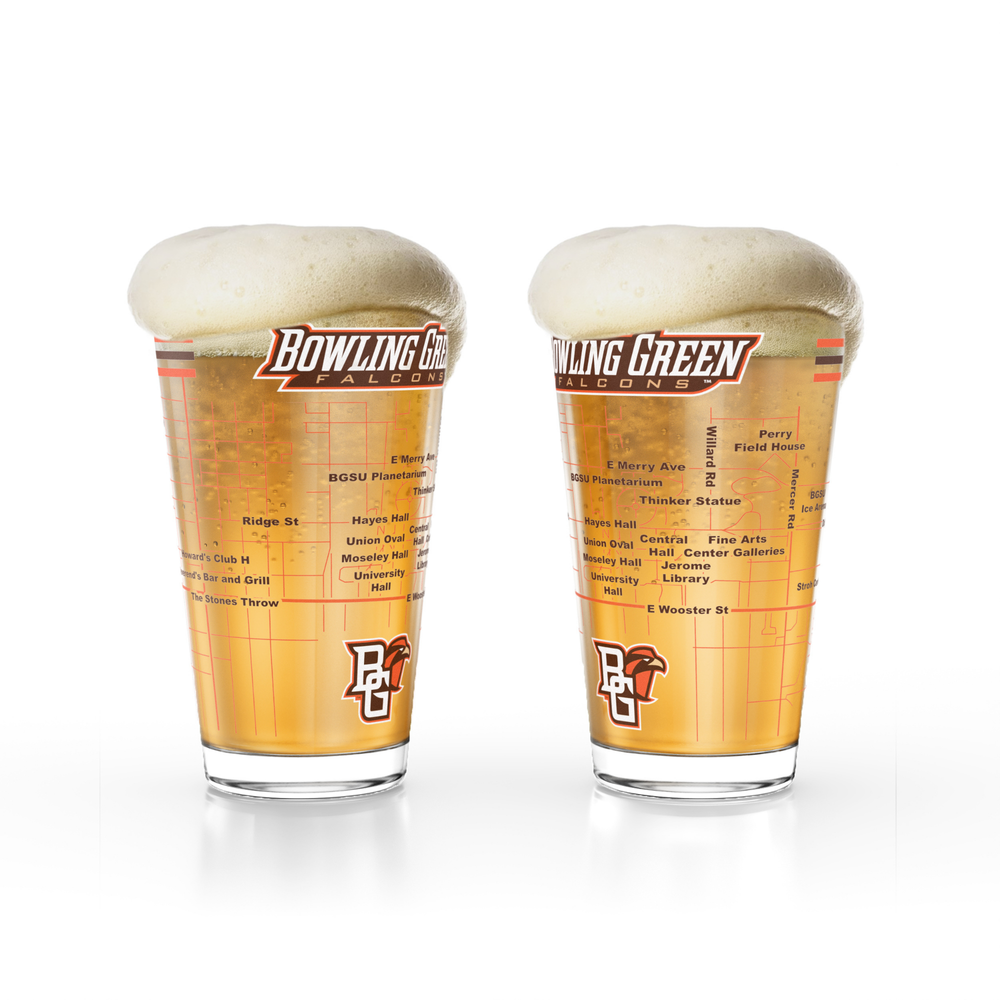 Greenline Goods Bowling Green State University Falcons Pint Beer Glasses Set of 2, 16 oz Pint Glasses with Full-Color Logo & Campus Map – Officially Licensed Beer Glass Gift for Alumni & Fans
