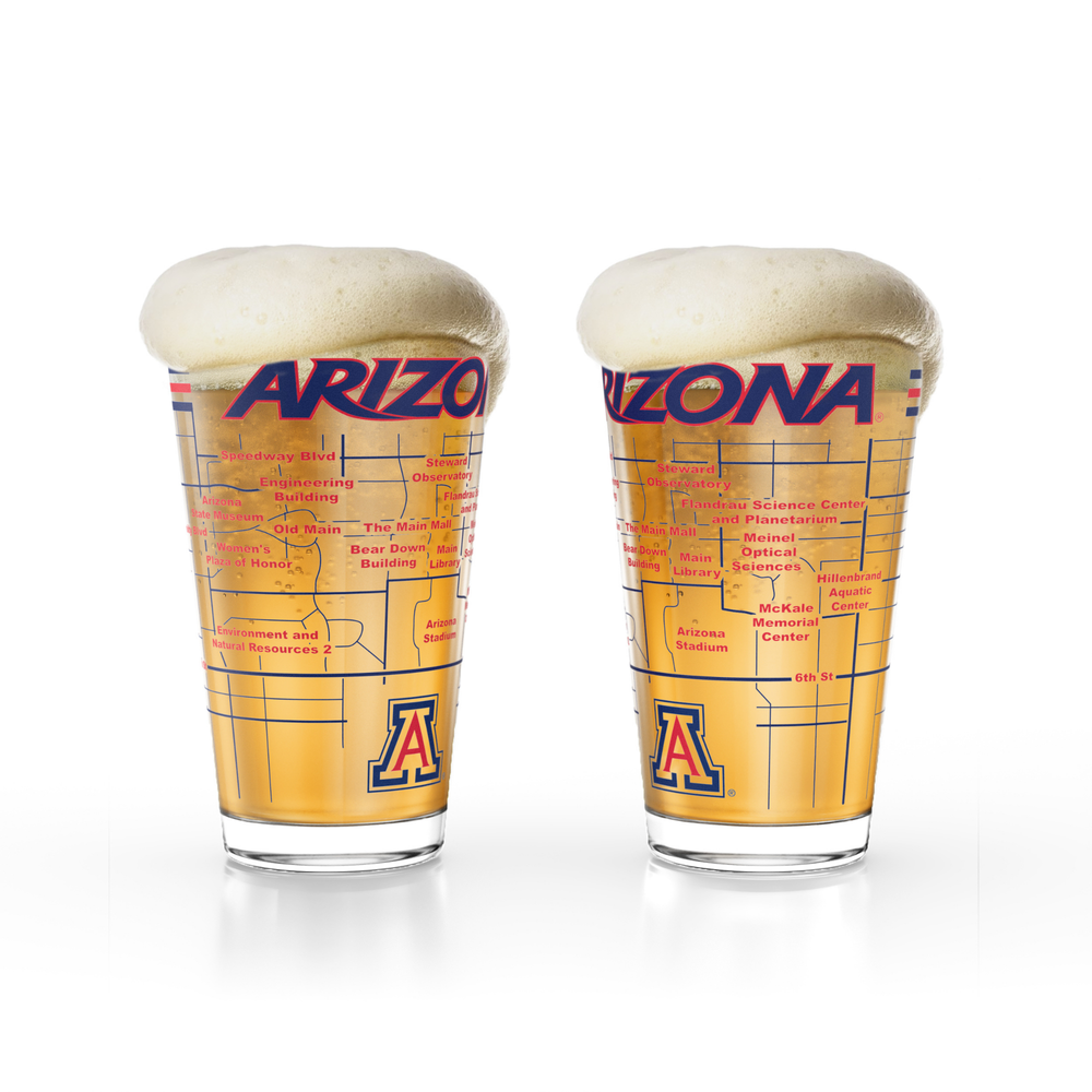 Greenline Goods University of Arizona Wildcats Pint Beer Glasses Set of 2, 16 oz Pint Glasses with Full-Color Logo & Campus Map – Officially Licensed Beer Glass Gift for Alumni & Fans