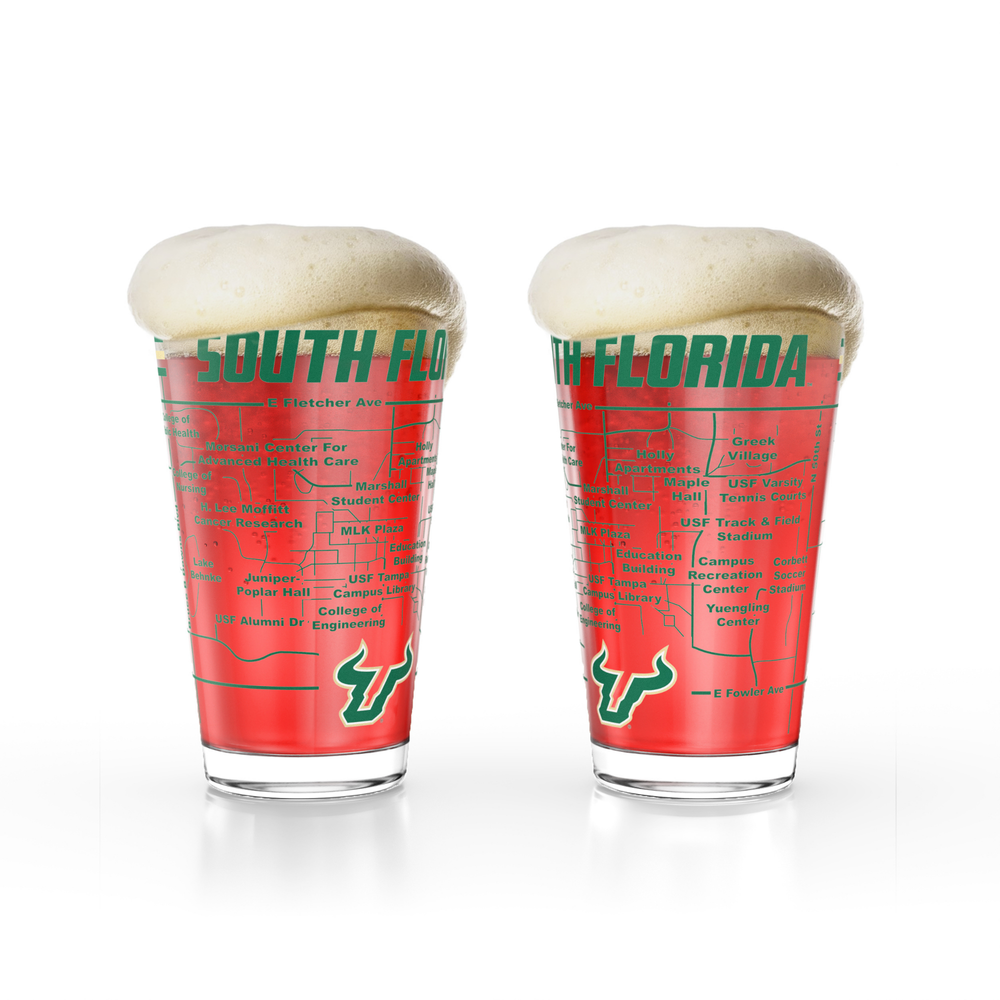 Greenline Goods University of South Florida Bulls Pint Beer Glasses Set of 2, 16 oz Pint Glasses with Full-Color Logo & Campus Map – Officially Licensed Beer Glass Gift for Alumni & Fans