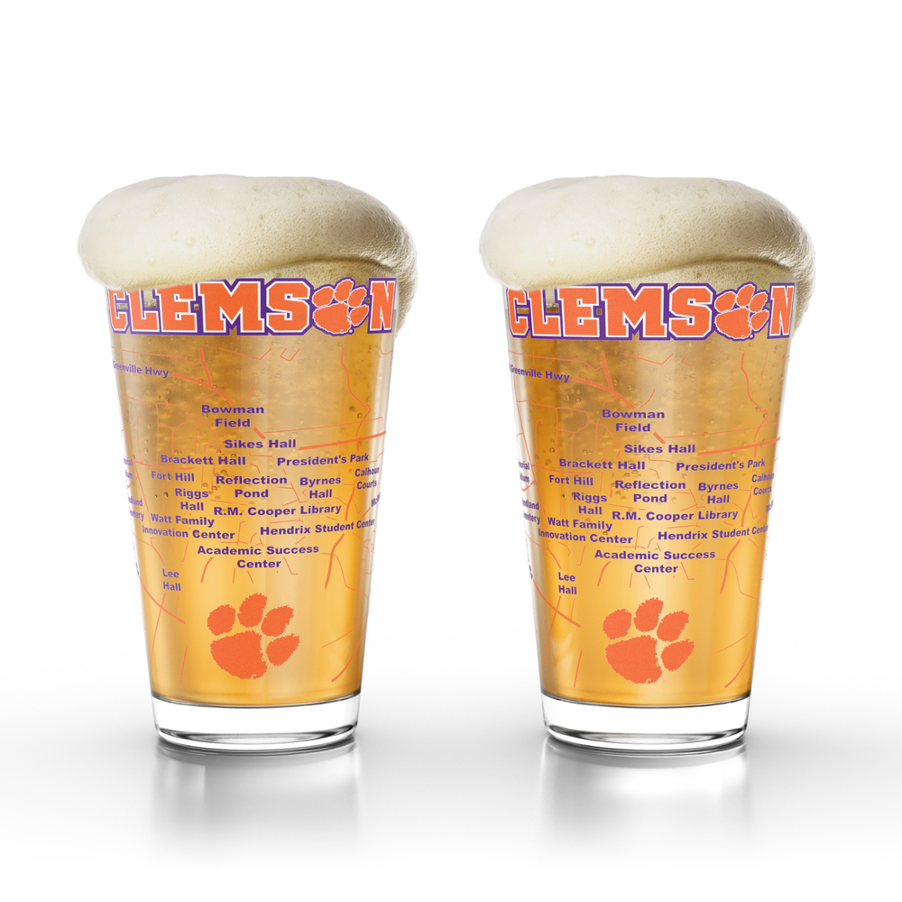 University of Clemson Tigers College Pint Beer Glasses (Set of 2), 16 oz – Full-Color Logo + Campus Map
