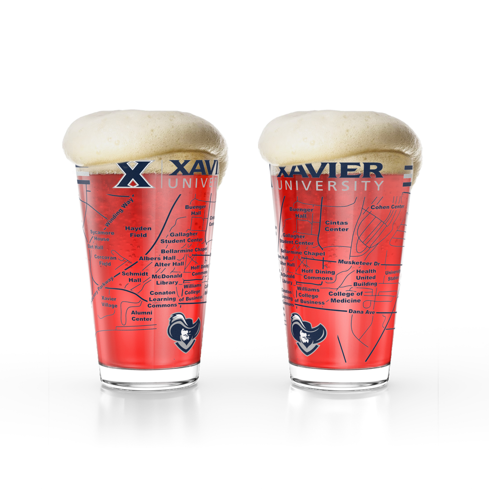 Greenline Goods Xavier University Musketeers Pint Beer Glasses Set of 2, 16 oz Pint Glasses with Full-Color Logo & Campus Map – Officially Licensed Beer Glass Gift for Alumni & Fans