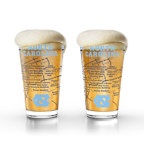 University of North Carolina Tar Heels College Pint Beer Glasses (Set of 2), 16 oz – Full-Color Logo + Campus Map