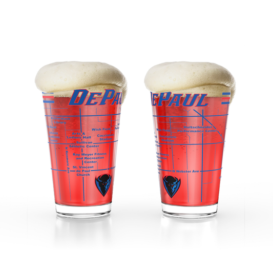 Greenline Goods DePaul University Blue Demons Pint Beer Glasses Set of 2, 16 oz Pint Glasses with Full-Color Logo & Campus Map – Officially Licensed Beer Glass Gift for Alumni & Fans