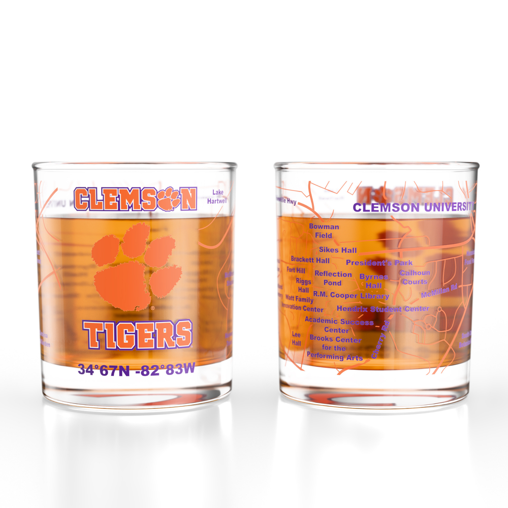 University of Clemson Tigers College Whiskey Glasses (Set of 2), 10 oz – Full-Color Logo + Campus Map