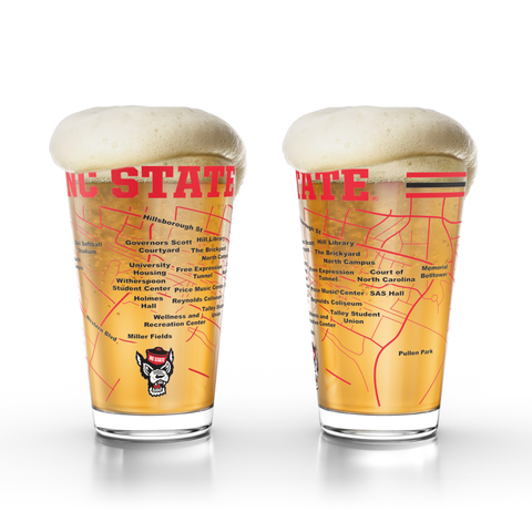 North Carolina State University Wolfpack College Pint Beer Glasses (Set of 2), 16 oz – Full-Color Logo + Campus Map