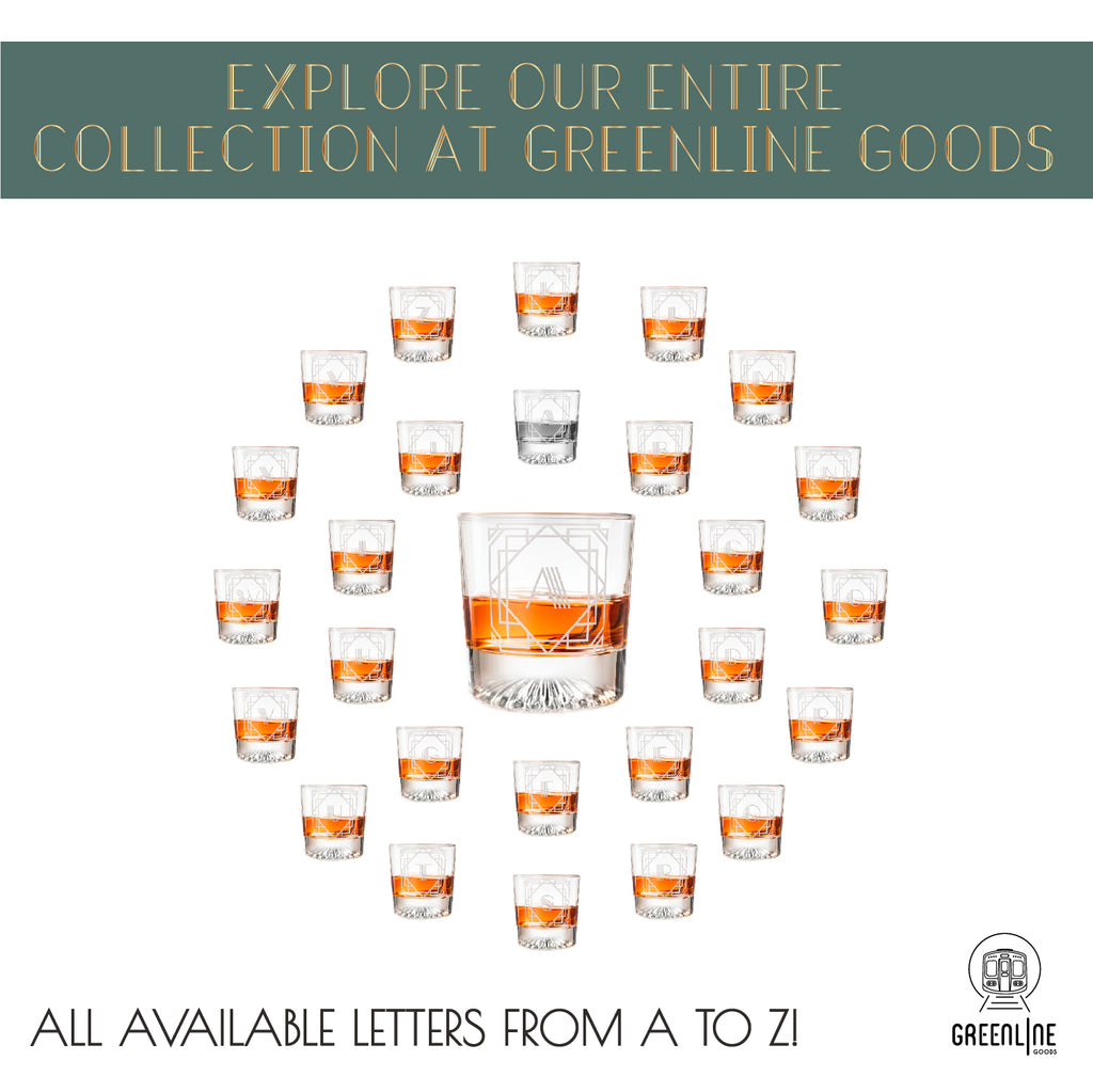 Letter A Monogram Art Deco Etched Whiskey Glasses - Set of 4