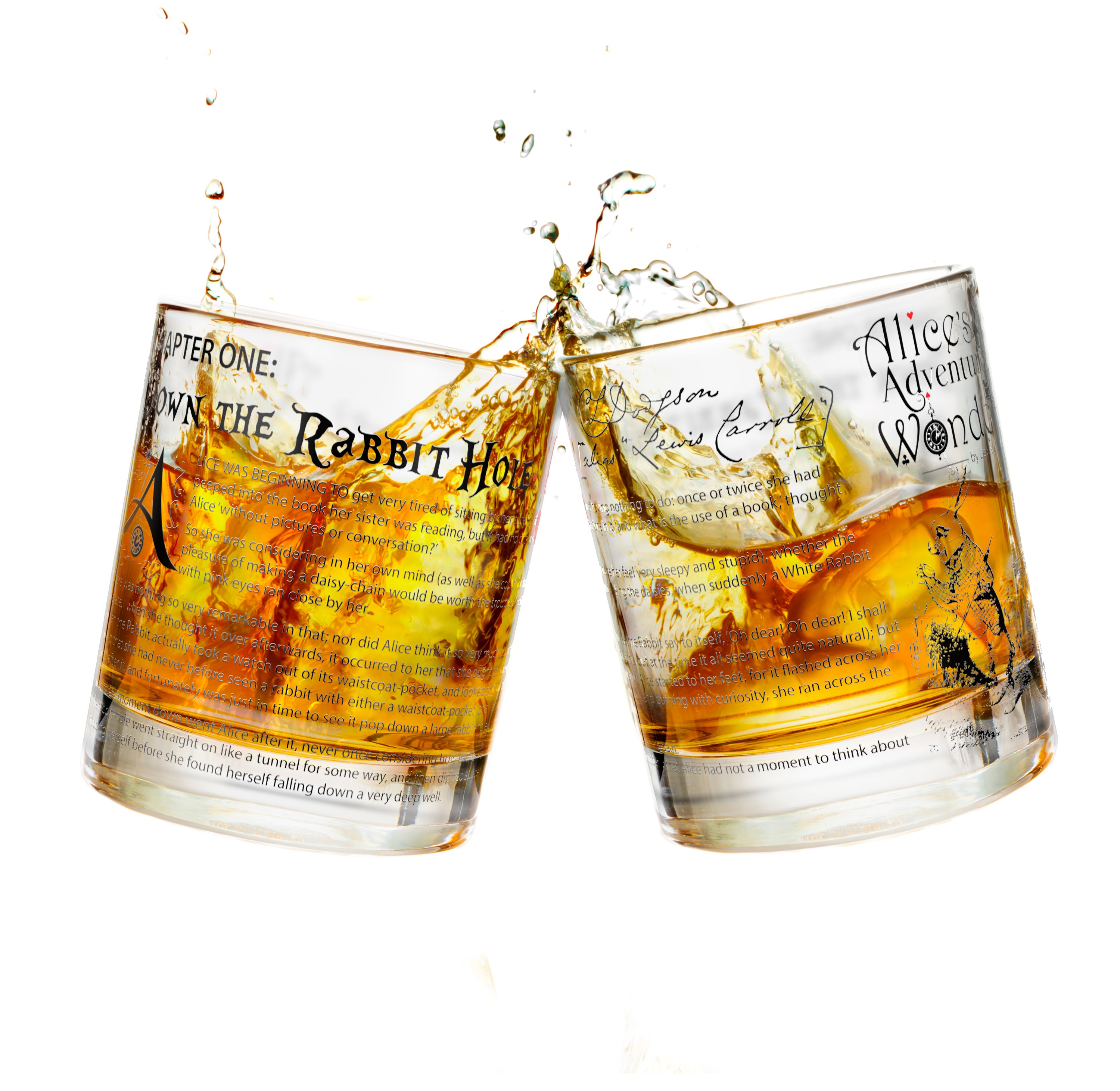 Greenline Goods Whiskey Glasses - Alice in Wonderland (Set of 2) |  Literature Rocks Glass with Lewis Carroll Book Images & Writing