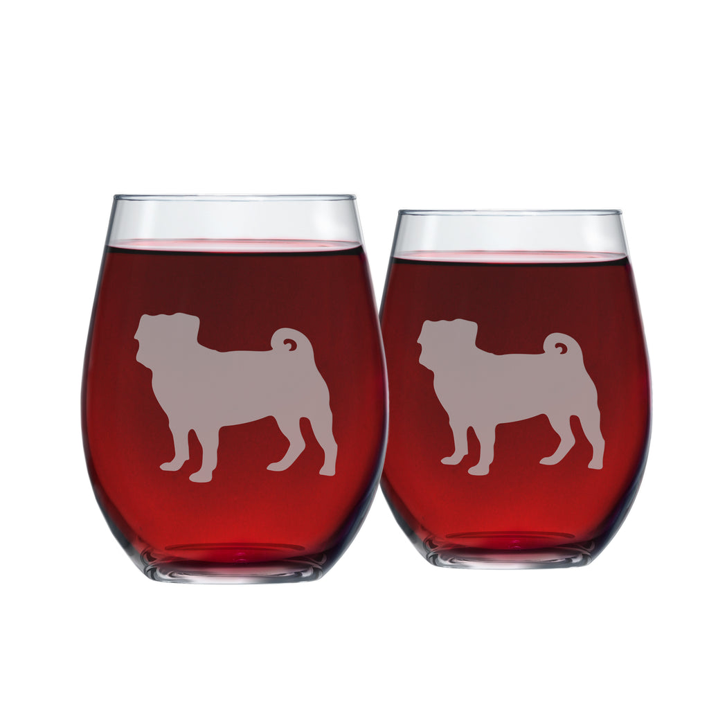 Pug Etched Stemless Wine Glasses