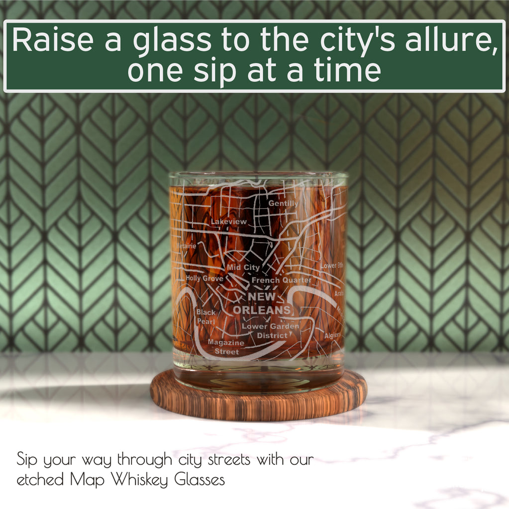 New Orleans Etched Street Grid Whiskey Glasses