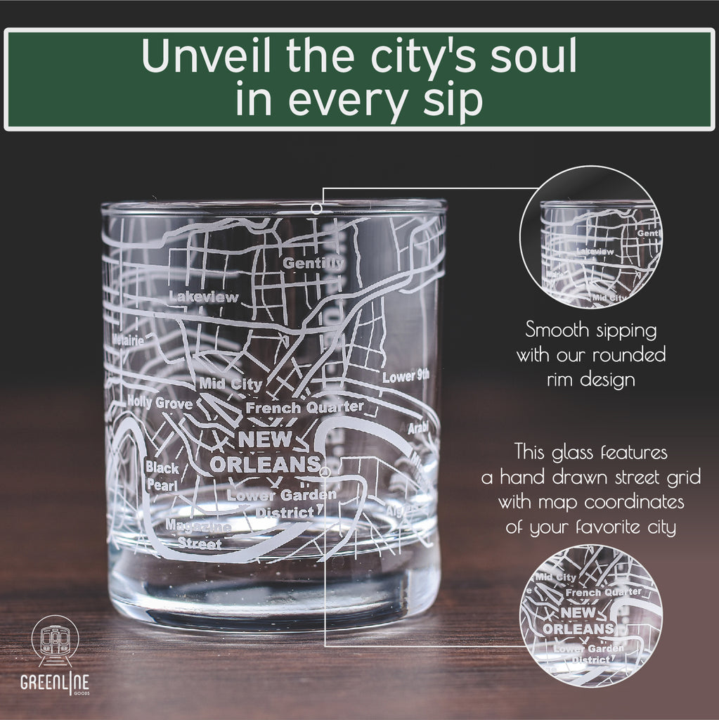 New Orleans Etched Street Grid Whiskey Glasses