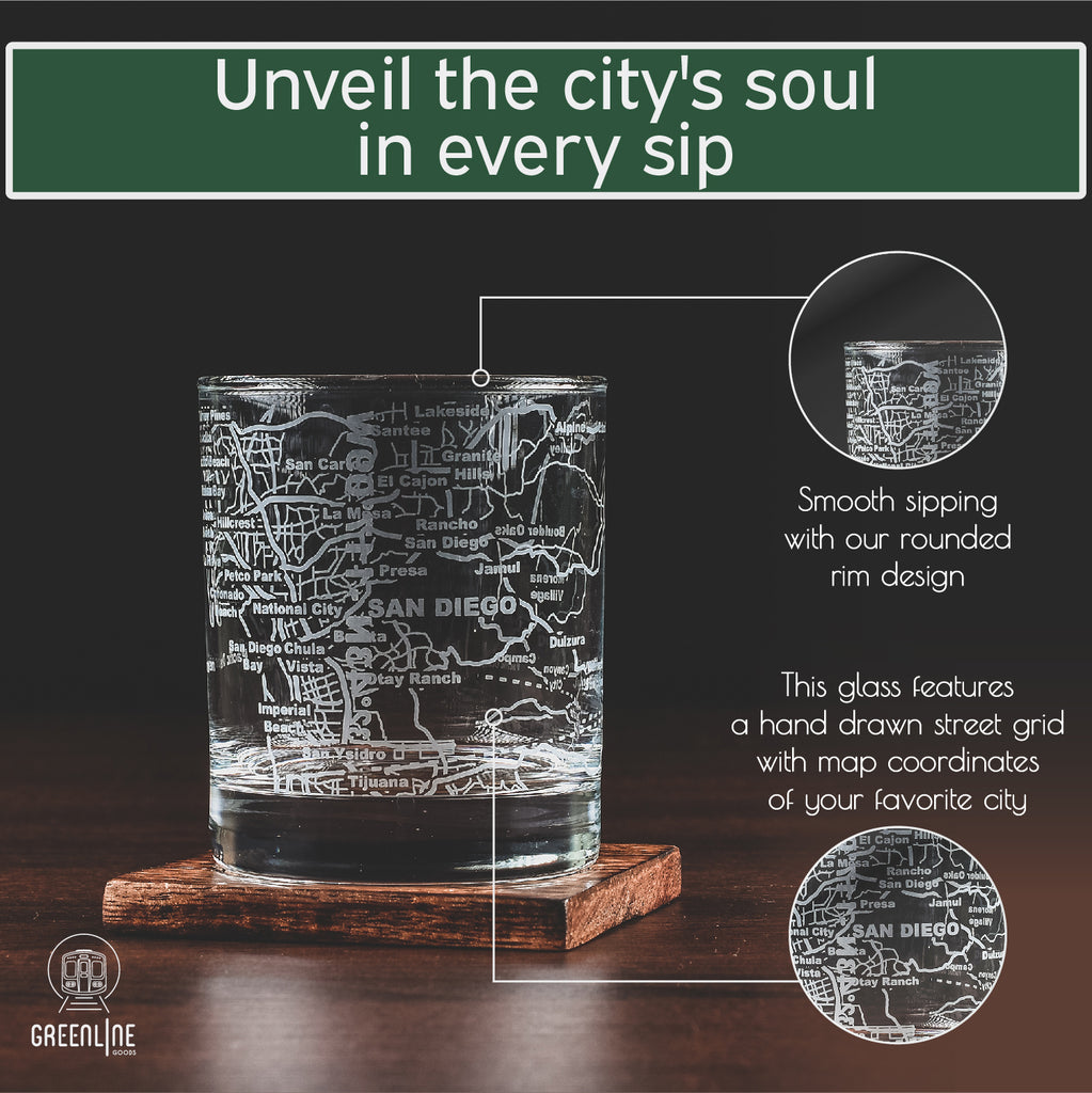 San Diego Etched Street Grid Whiskey Glasses