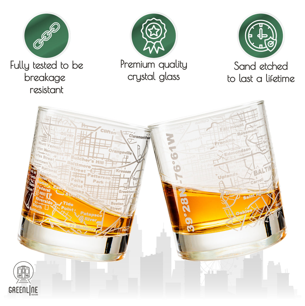 Baltimore City Etched Street Grid Whiskey Glasses