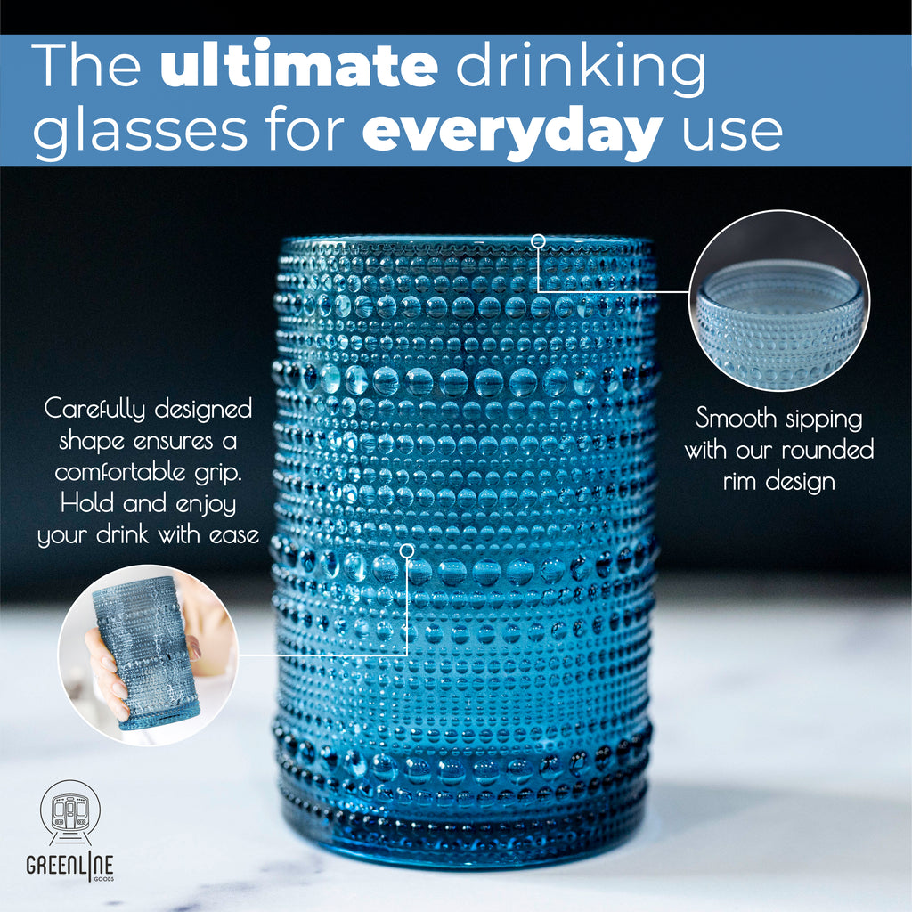 Hobnail Drinking Glasses - Blue 14 oz ( Set of 4 )