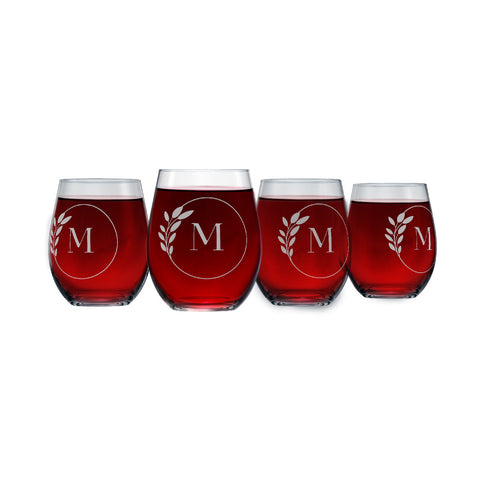 Letter M Monogram Art Deco Etched Wine Glasses - Set of 4