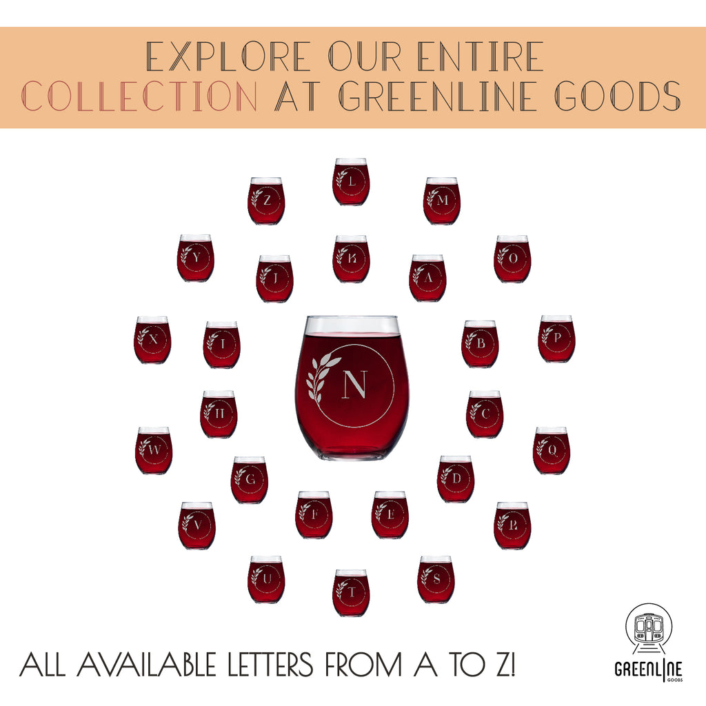 Letter N Monogram Art Deco Etched Wine Glasses - Set of 4