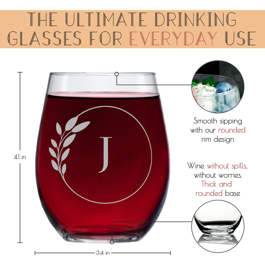 Letter J Monogram Art Deco Etched Wine Glasses - Set of 4
