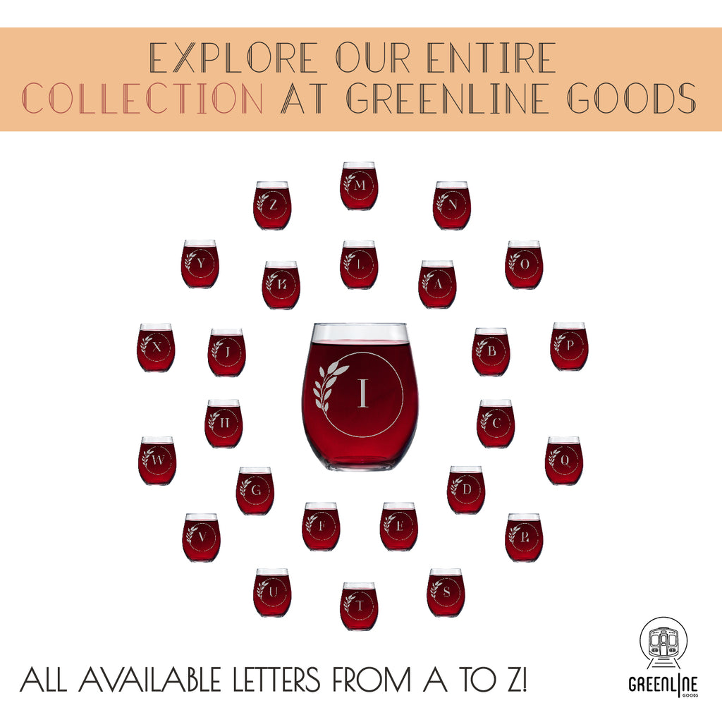 Letter I Monogram Art Deco Etched Wine Glasses - Set of 4