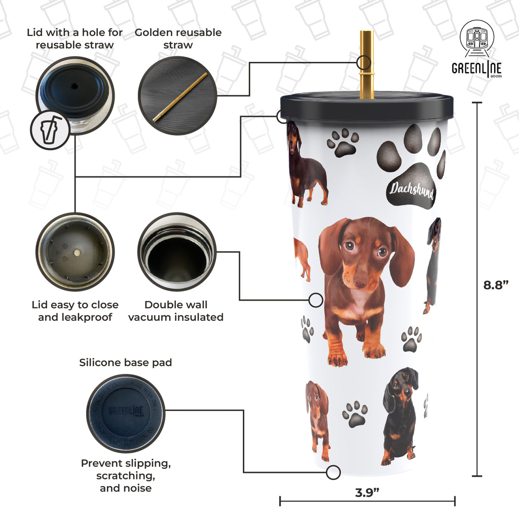 Dachshund Stainless Steel Tumbler with Gold Straw 750ml