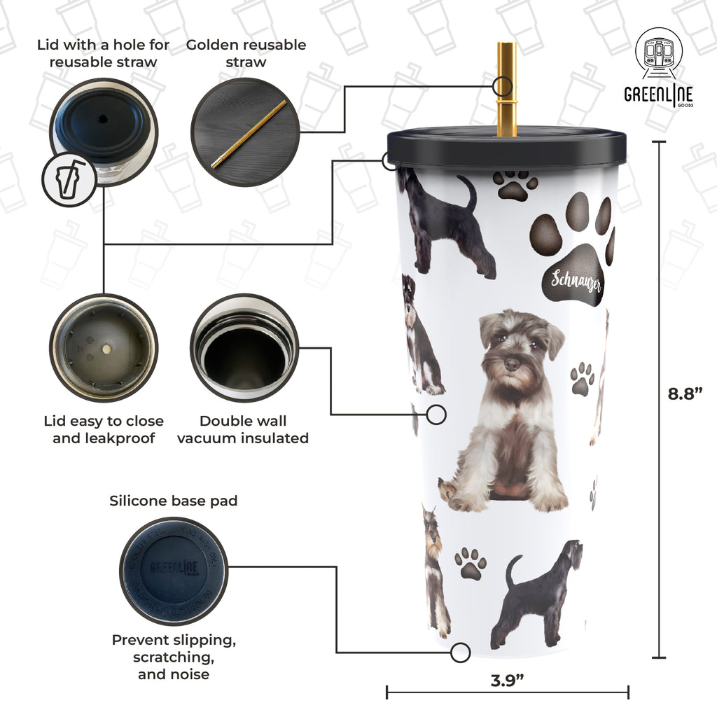 Schnauzer Stainless Steel Tumbler with Gold Straw 750ml
