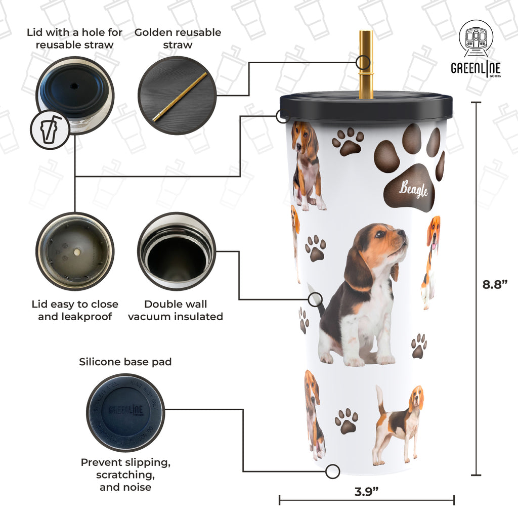 Beagle Stainless Steel Tumbler with Gold Straw 750ml