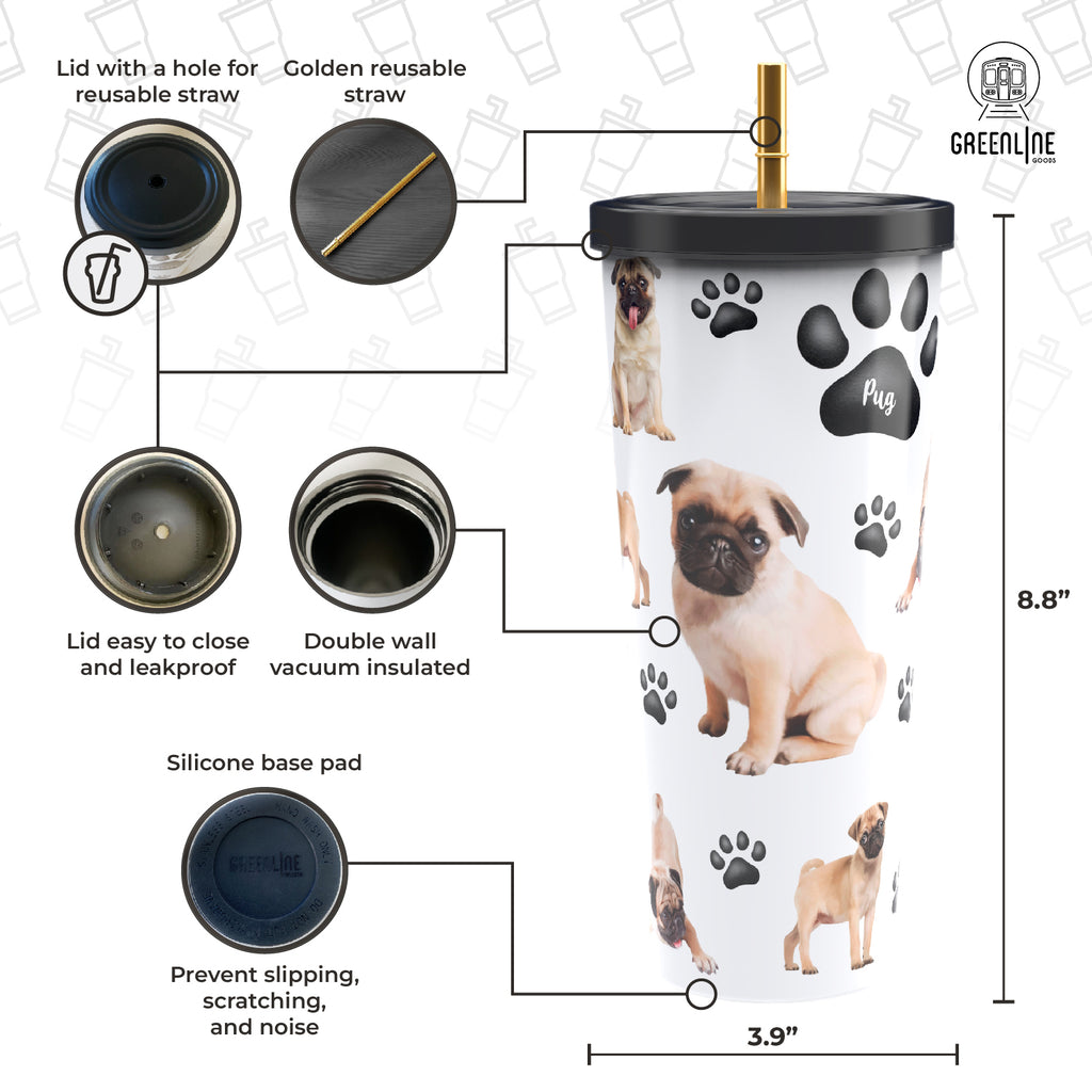 Pug Stainless Steel Tumbler with Gold Straw 750ml