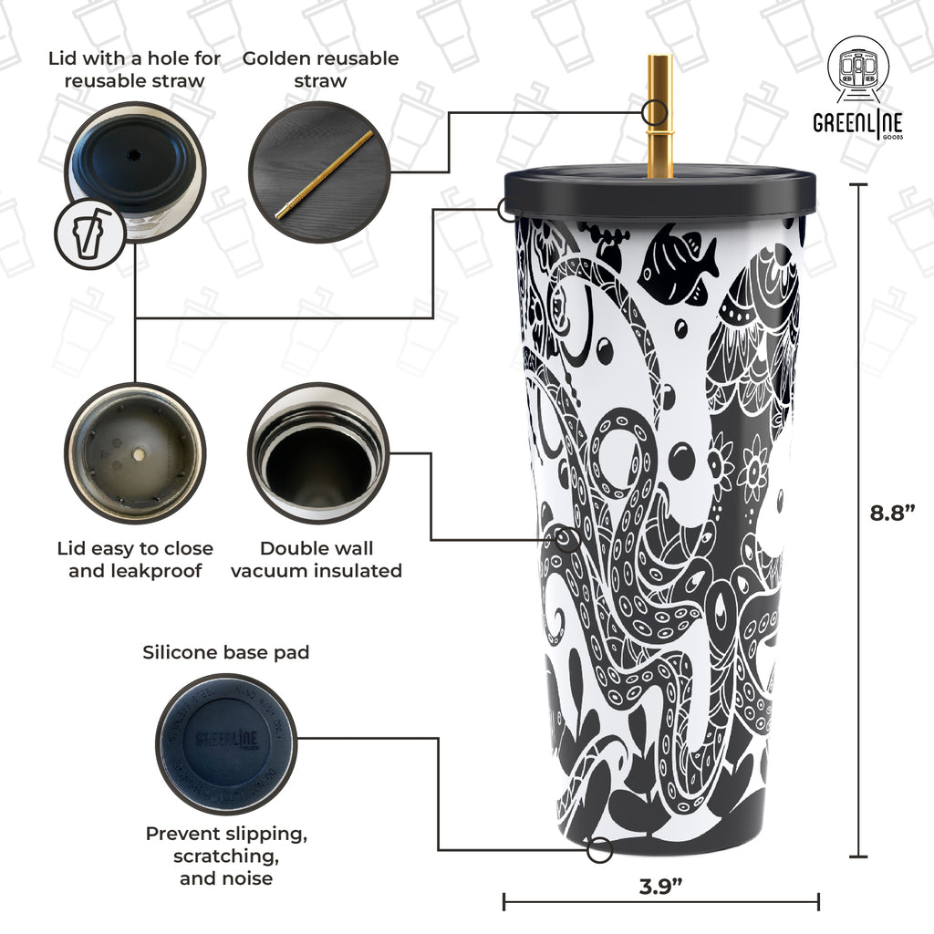 Octopus Boho Stainless Steel Tumbler with Gold Straw 750ml