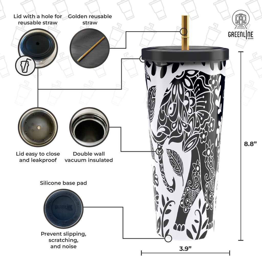 Elephant Boho Stainless Steel Tumbler with Gold Straw 750ml