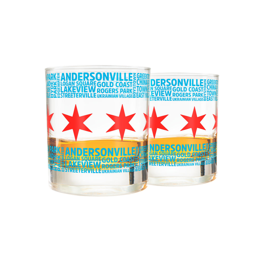 Chicago Flag & Neighborhoods Rocks Glasses