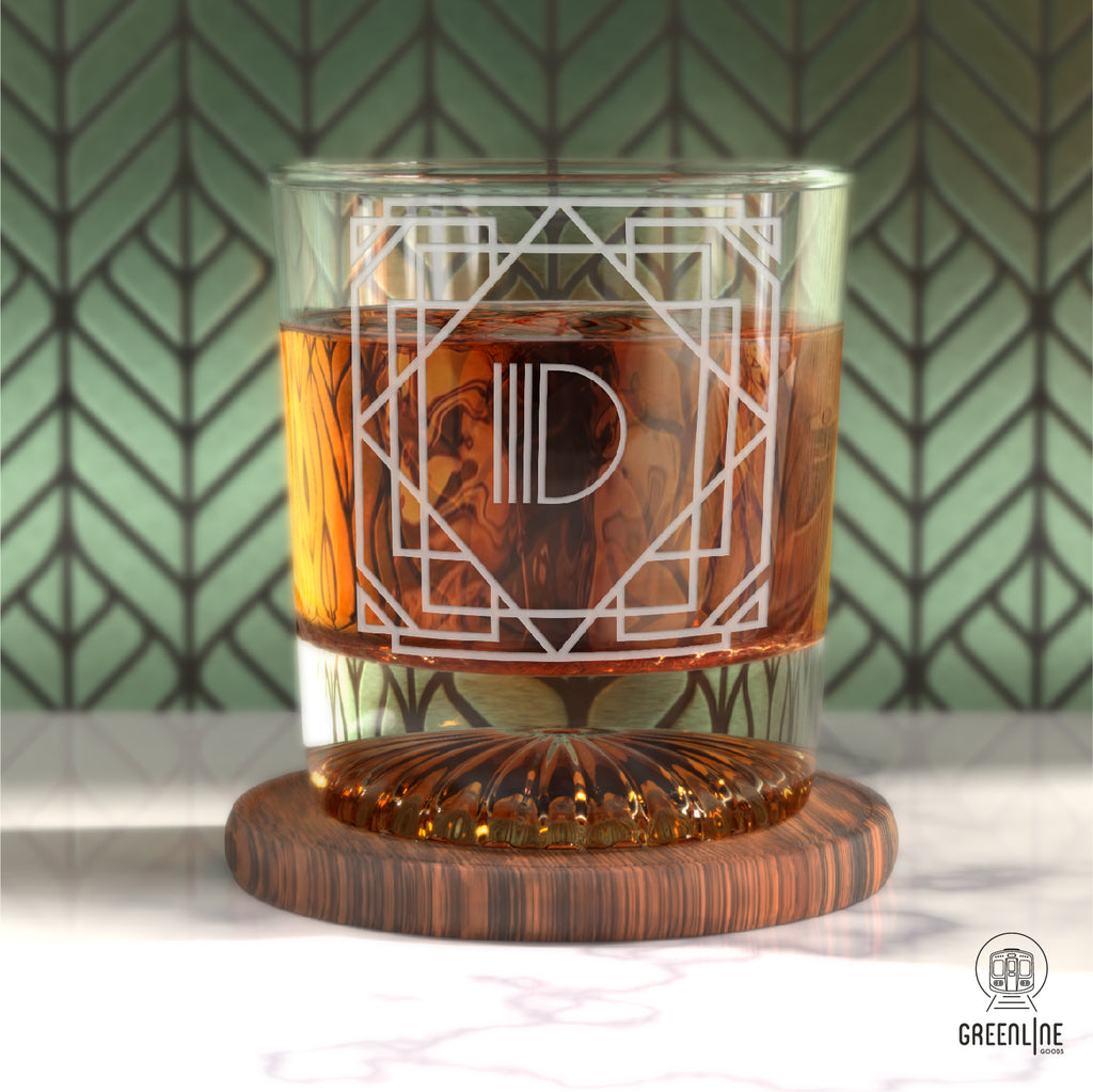 Letter D Monogram Art Deco Etched Whiskey Glasses - Set of 4