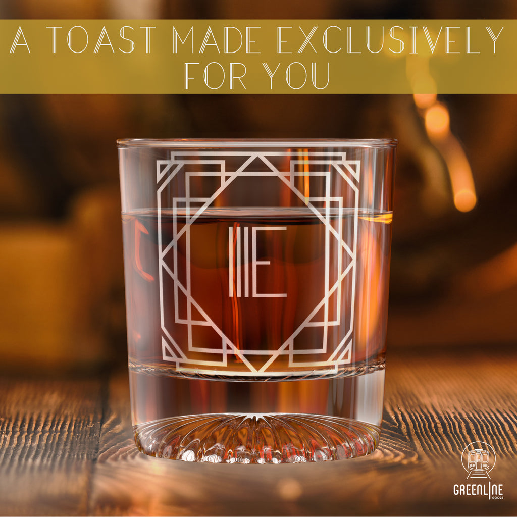 Letter E Monogram Art Deco Etched Whiskey Glasses - Set of 4