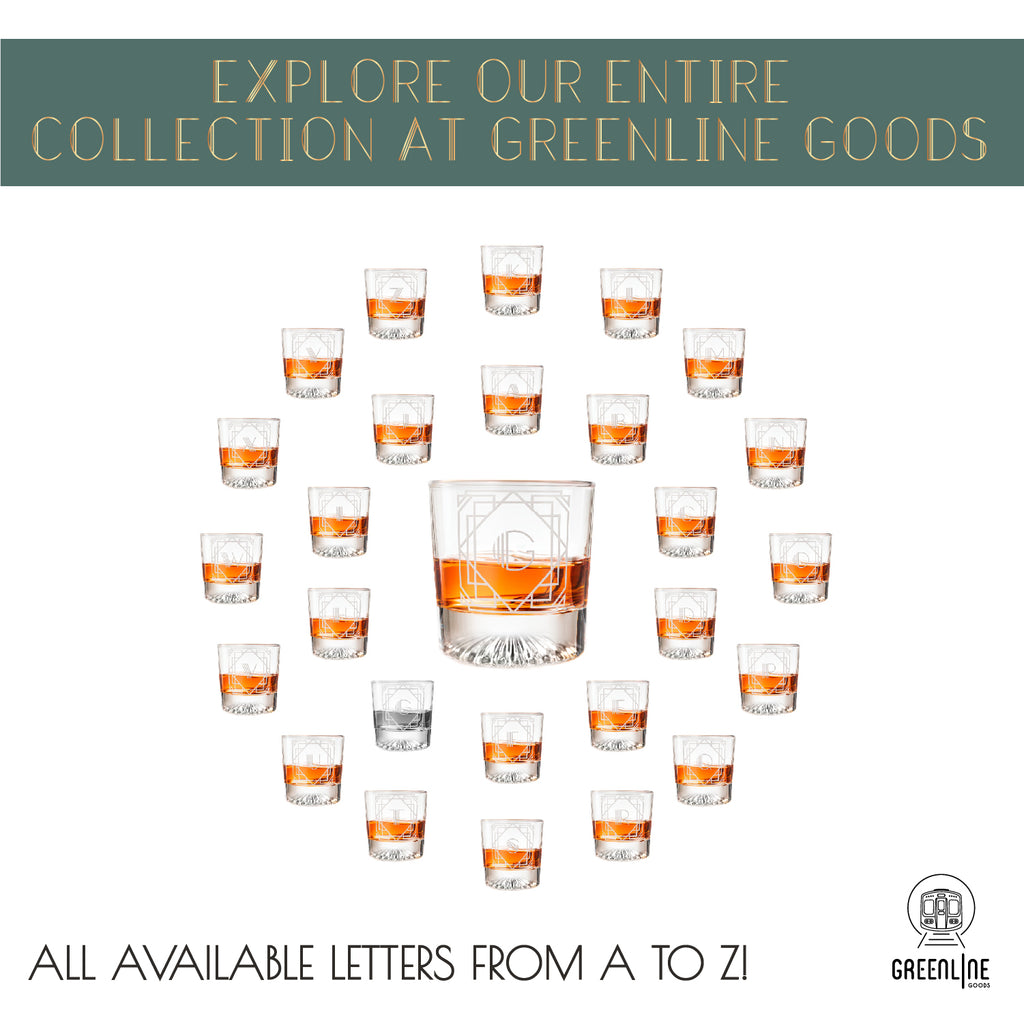 Letter G Monogram Art Deco Etched Whiskey Glasses - Set of 4