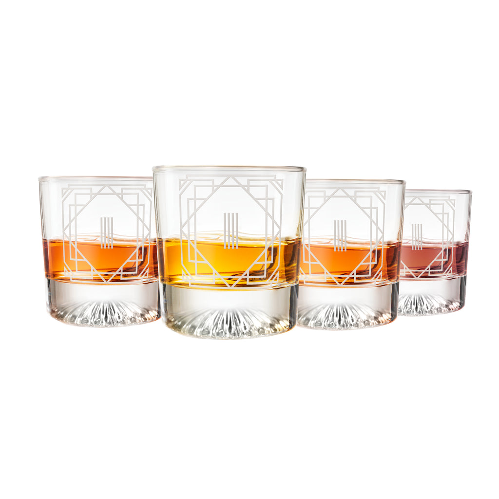 Letter I Monogram Art Deco Etched Whiskey Glasses - Set of 4