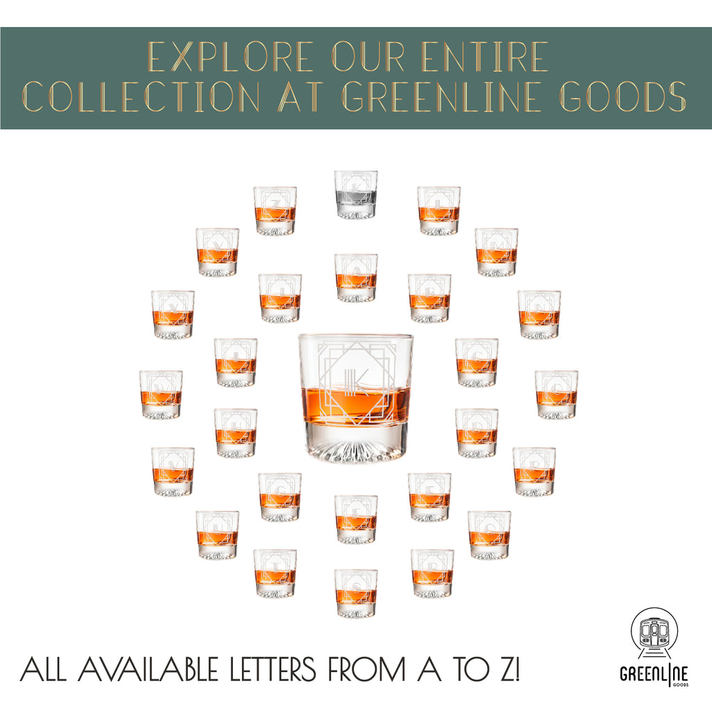 Letter K Monogram Art Deco Etched Whiskey Glasses - Set of 4